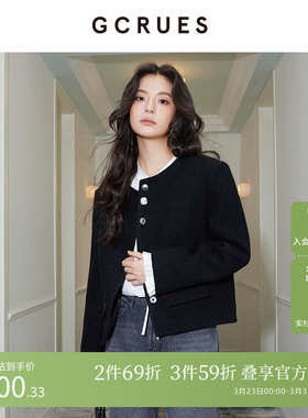 GCRUES商场同款黑色绵羊毛小香风呢子外套女春秋新款 G09D05A0352