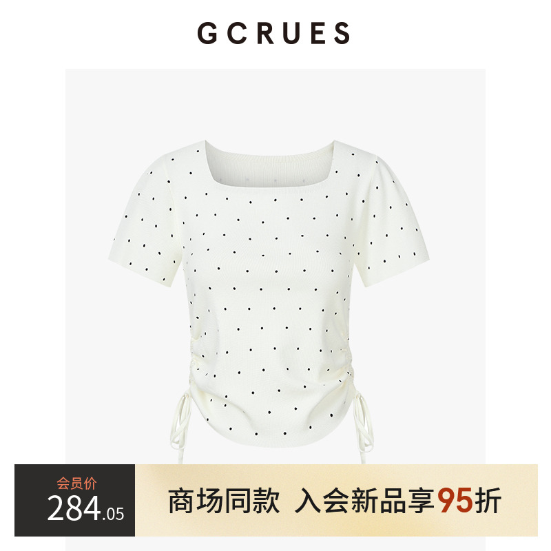 GCRUES白色波点短袖T恤女夏抽绳
