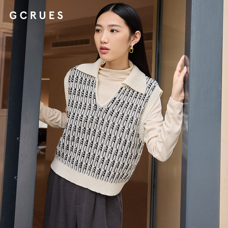 gcrues翻领图案马甲黑白图案设计感小众针织打底衫秋冬外穿毛衣