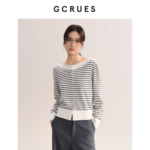 GCRUES一字肩条纹针织开衫女春
