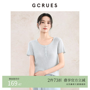 上衣 GCRUES商场同款 G06Q04A0162 坑条短袖 女秋季 半开襟薄款 针织衫
