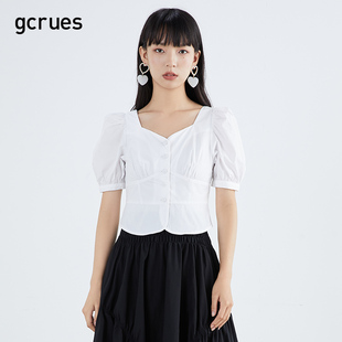法式 锁骨方领上衣短款 女时尚 泡泡袖 洋气设计感夏季 gcrues白色衬衫