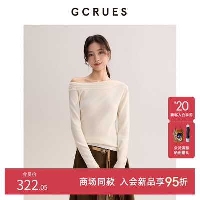 GCRUES时尚蕾丝一字领针织衫女春