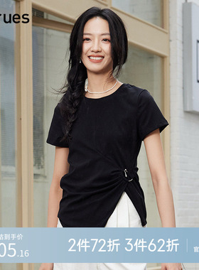 GCRUES设计感小众修身开叉T恤女夏季2025年新款韩版显瘦黑色上衣