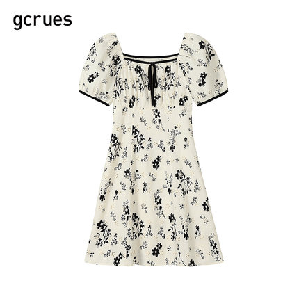 gcrues新中式方领显瘦碎花连衣裙女中长款2024夏季新款小个子裙子