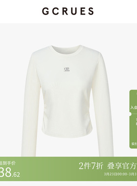 GCRUES商场同款抽褶百搭长袖T恤女春季白色打底上衣 G12C03A0162