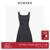 GCRUES商场同款 吊带黑色连衣裙女春夏气质收腰百褶裙 G02C08A0862