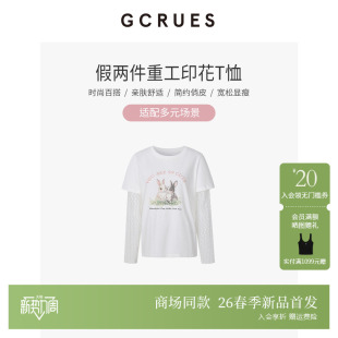 GCRUES商场同款 休闲上衣G01C03A0972 蕾丝拼接假两件印花T恤女春季