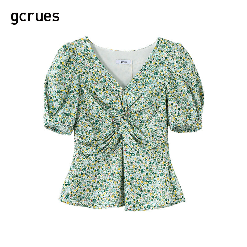 gcrues碎花v领衬衫女泡泡袖夏季新款小衫短袖设计感小众上衣褶皱