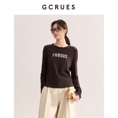 GCRUES复古咖色美拉德长袖T恤女