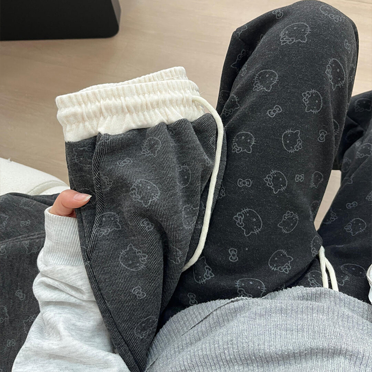 卡通猫kt印花加绒糯米女秋冬2025新款窄版显瘦高腰宽松直筒阔腿裤