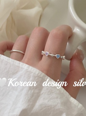 韩系秋冬新款极简设计 S925纯银蓝粉彩色爱心拼接戒指叠戴高级