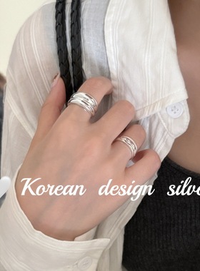 韩版东大门秋冬新款亮银饰品 S925纯银ins风光面双层戒指高级感女