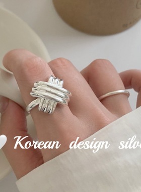 韩版简约ins风设计感银饰 925纯银重工条纹交叉戒指高级感叠戴女