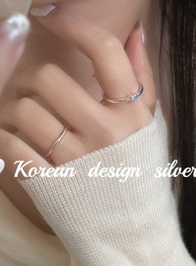 韩版ins风设计感银饰 S925纯银简约粉蓝黑白锆石爱心戒指百搭叠戴