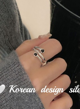 韩国东大门秋冬氛围感饰品 S925纯银简约多层开口黑玛瑙戒指高级