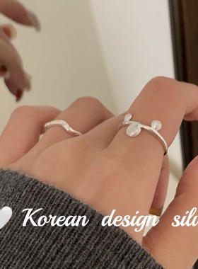 韩系ins风小众亮银饰品 S925纯银气质拉丝扁圆珠戒指高级感简约女