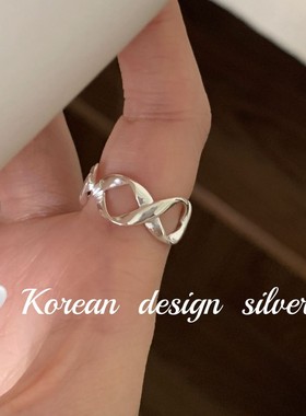 韩版ins风小众设计亮银饰品 S925纯银椭圆镂空拼接戒指高级感女款