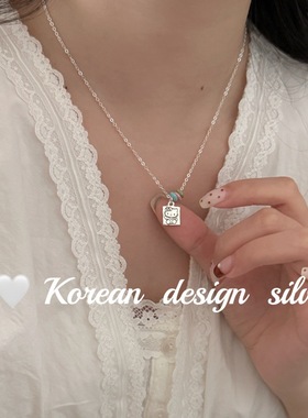 韩系ins风设计银饰 S925纯银多巴胺涂鸦凯蒂猫方牌粉绿蓝滴釉项链
