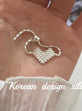 韩系简约小众设计银饰 S925纯银编织爱心抽拉可调节戒指高级感ins