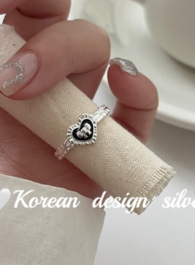 韩国ins风小众设计饰品 S925纯银黑色滴釉蝴蝶结爱心花边戒指高级