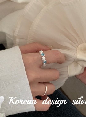 韩版ins风轻奢饰品 925纯银爆闪蓝锆石拉丝爱心拼接戒指小众设计