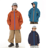 男童日系外套2026春季 男宝泡泡格连帽风衣儿童撞色拉链上衣帅气潮