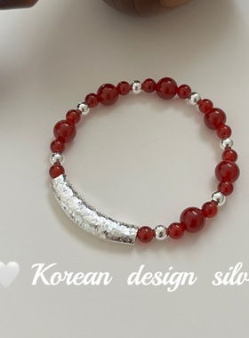 韩版ins博主同款手工银饰 S925纯银一字亮片红玛瑙弹力绳手链显白