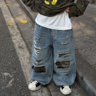 泰如2026春季新款儿童设计感破洞迷彩裤男童个性帅气水洗牛仔长裤