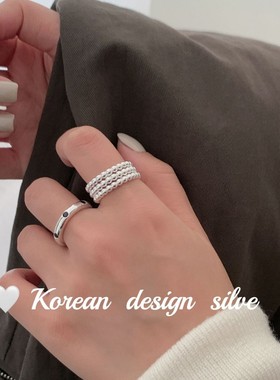 韩女简约风小众设计感银饰 925纯银黑锆石戒指开口可调节女高级感