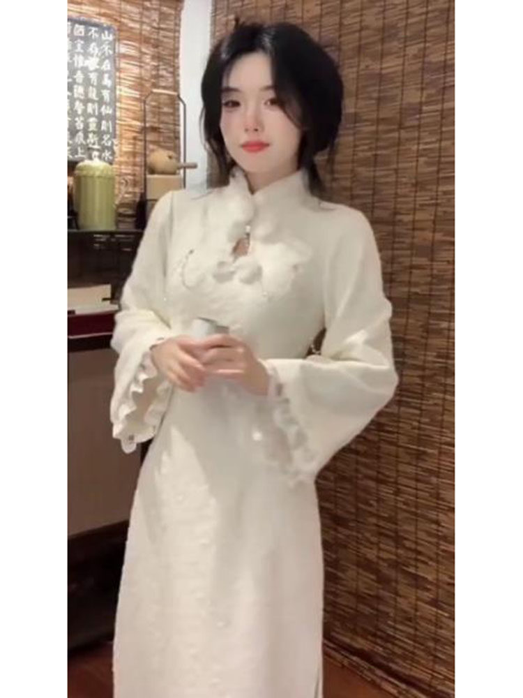 胖mm大码女装新中式气质盘扣蕾丝袖口遮肚国风改良旗袍连衣裙秋冬