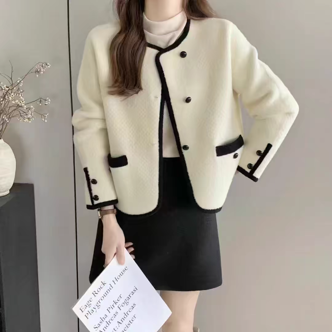 小香风短款毛呢外套女2024秋冬新款韩版宽松百搭双面韩国绒大衣