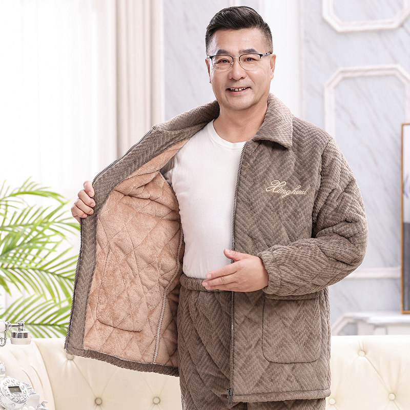 冬季男睡衣加厚加绒保暖拉链三层夹棉中老年爸爸珊瑚绒家居服套装