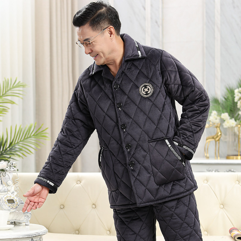 爸爸睡衣男士加厚加绒秋冬季珊瑚绒夹棉中老年三层保暖家居服冬款