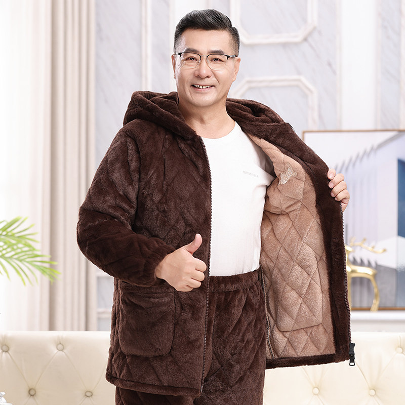 冬季加厚睡衣男士连帽爸爸珊瑚绒三层夹棉保暖套装中老年家居服