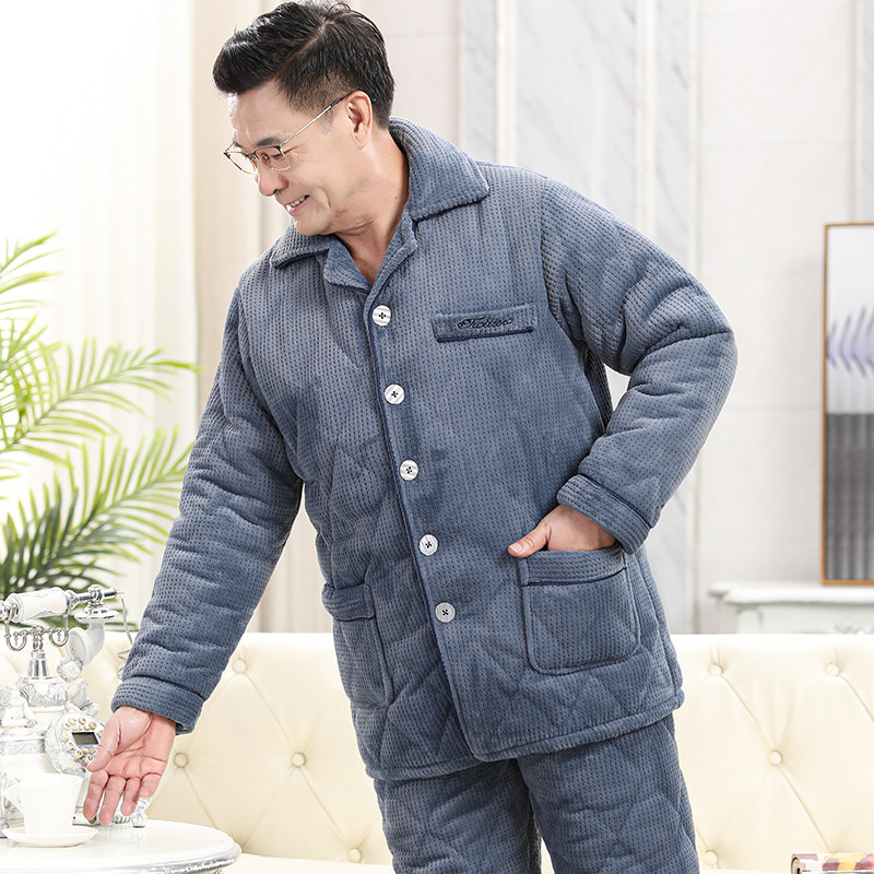 中老年睡衣男士秋冬季加厚加绒爸爸冬款家居服珊瑚绒三层夹棉套装