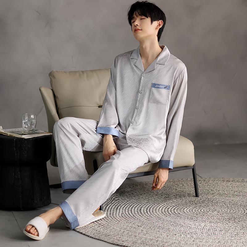 夏季长袖薄款睡衣男士冰丝套装