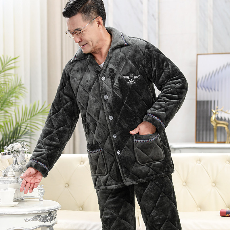 爸爸睡衣男士秋冬季三层夹棉中老年珊瑚绒家居服加厚加绒保暖冬款