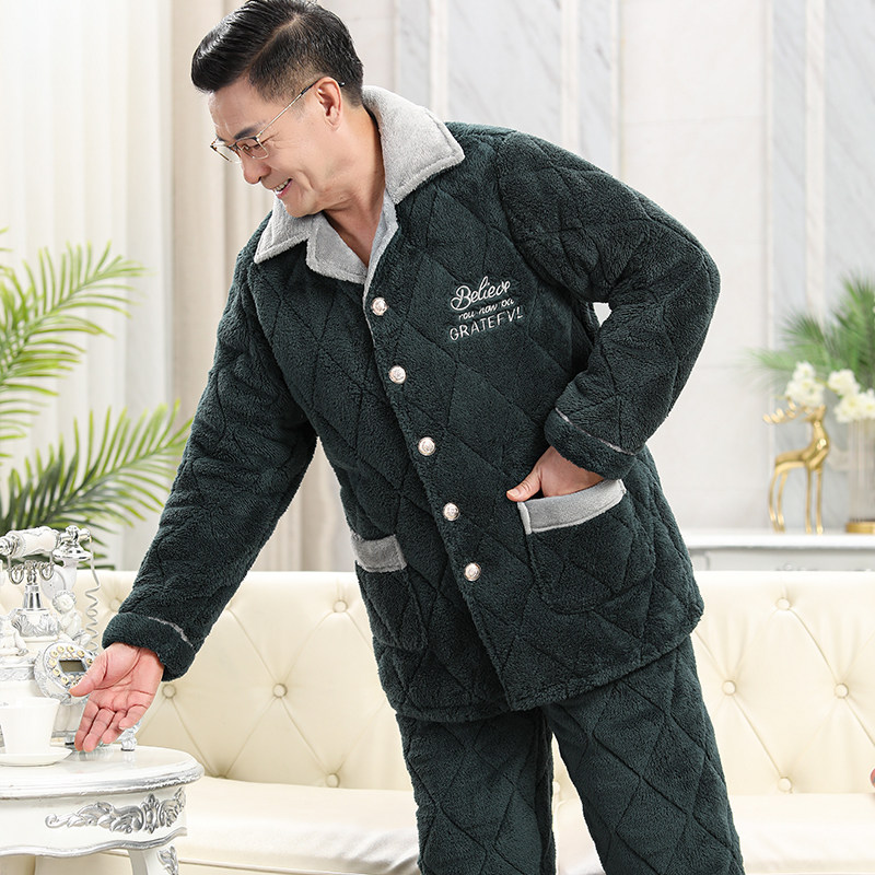 爸爸睡衣男士冬季加厚加绒珊瑚绒三层夹棉保暖中老年家居服秋冬款