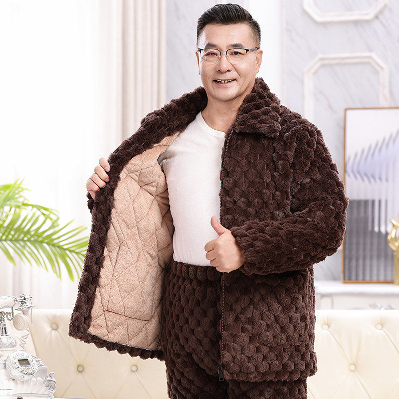 冬季睡衣男士加厚加绒拉链新款爸爸中老年珊瑚绒三层夹棉袄家居服