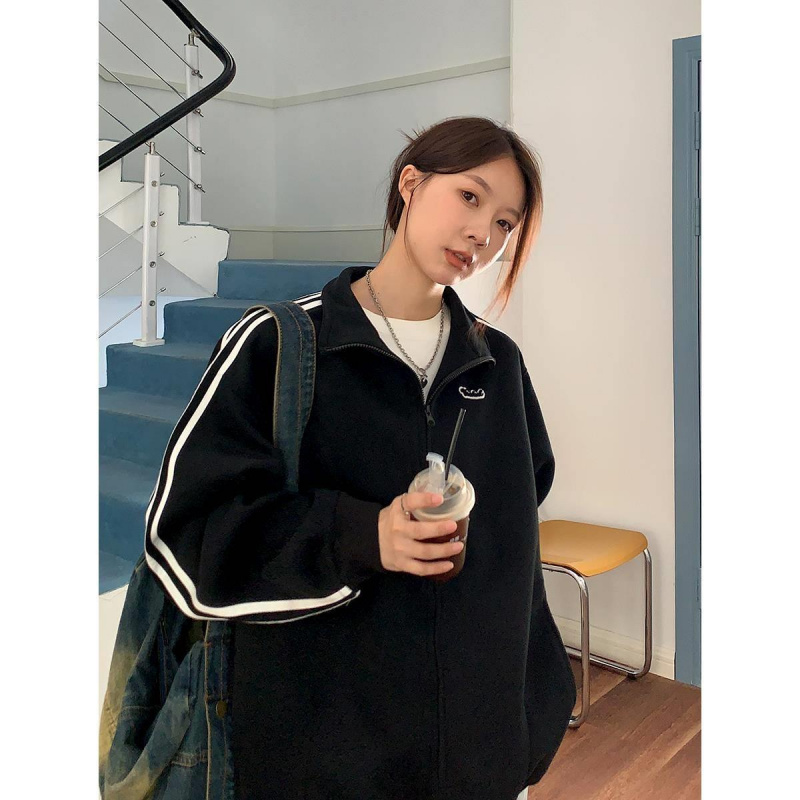 Vswhat三条杠休闲立领开衫夹克女