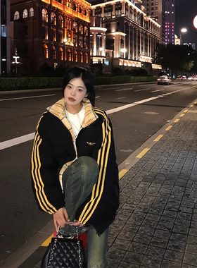 麻瓜织带条纹棉服男女款冬季加厚情侣格子棉衣cleanfit立领面包服