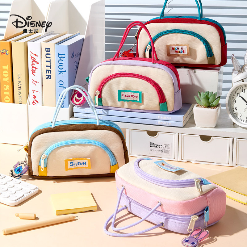 迪士尼撞色拼接笔袋可爱卡通学生文具袋高颜值小众铅笔收纳袋儿童男孩简约多功能收纳包女生大容量带提手笔袋