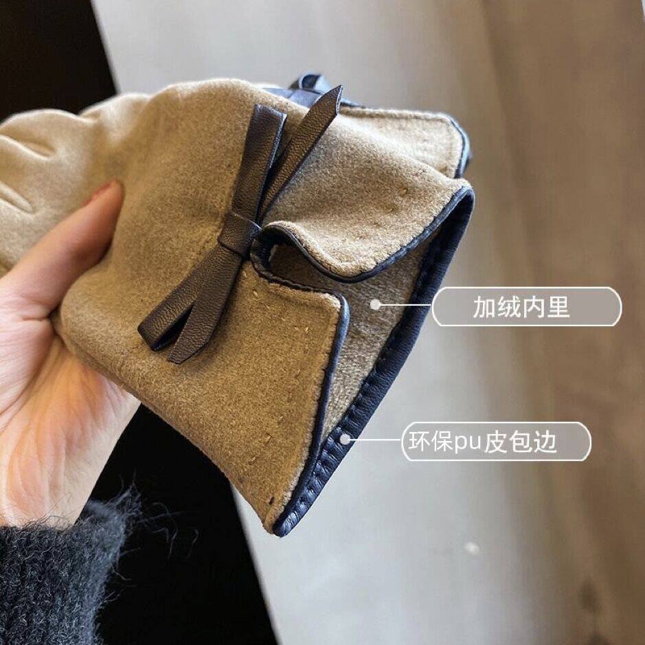保暖手套冬季女士韩版可爱蝴蝶结加绒加厚冬季电动车防寒触屏