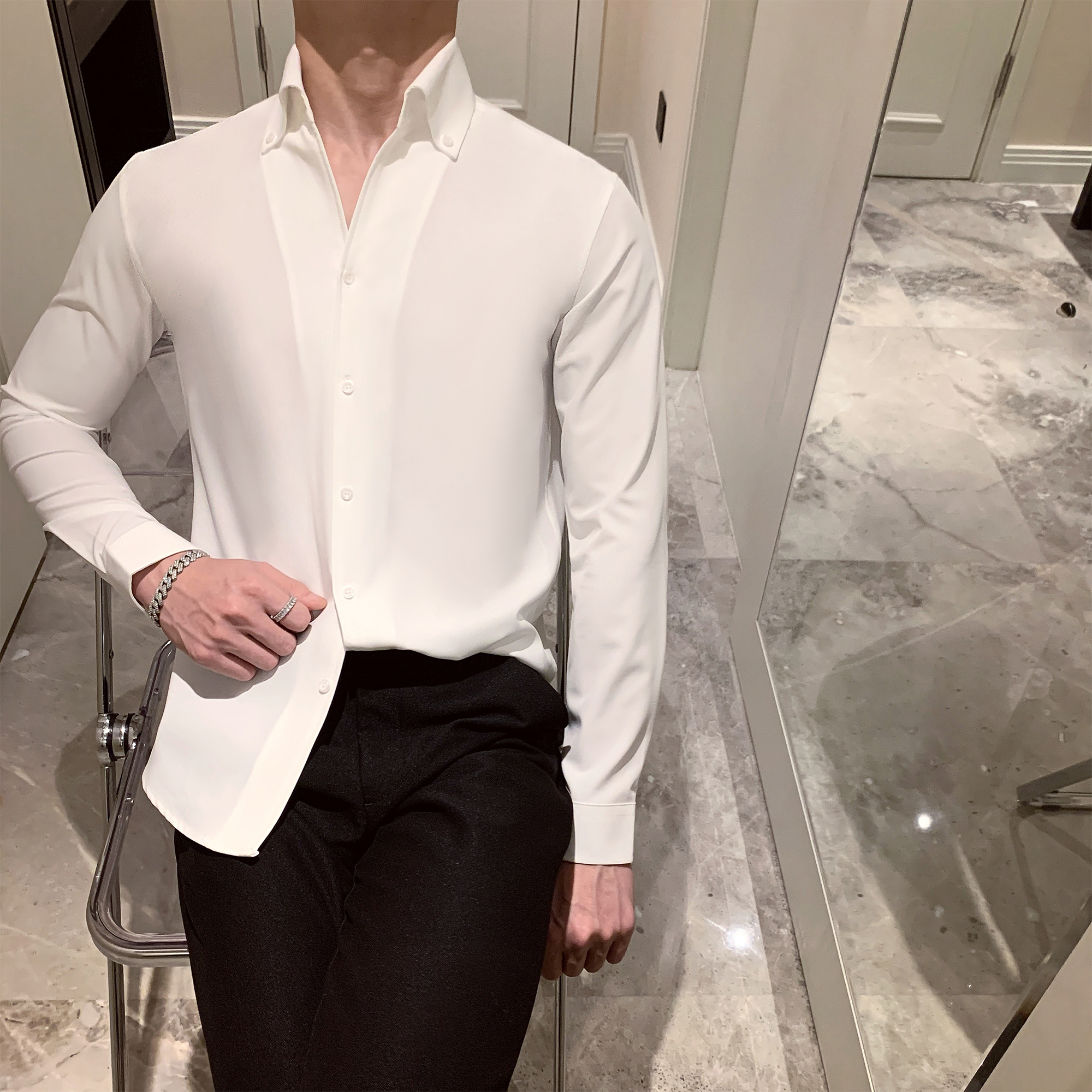 高级感法式一片大V领白色长袖衬衫男士商务休闲免烫衬衣高端上衣