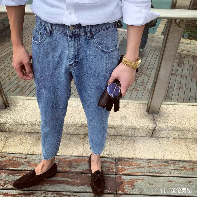 韩国东大门夏季阔腿裤宽松直筒牛仔裤男士复古百搭休闲九分裤薄款