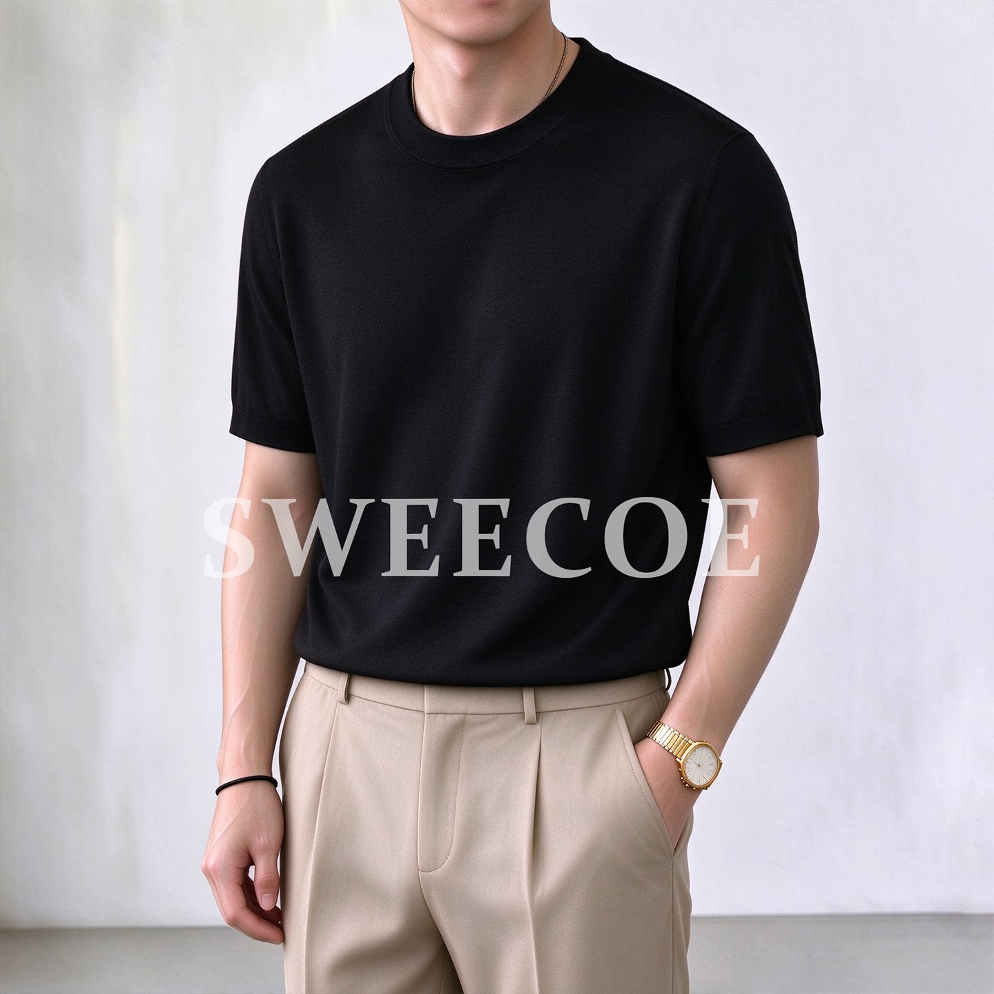 SWEECOE秋冬针织短袖男简约透气圆领拼色通勤简约风男装t恤打底衫
