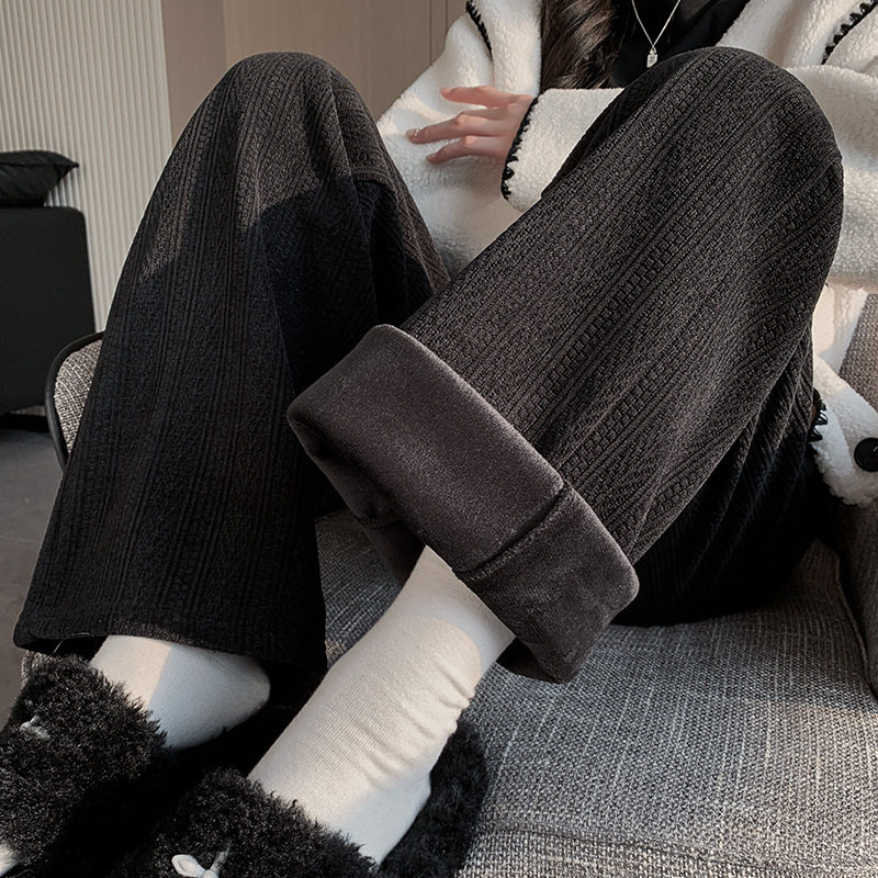 黑色雪尼尔阔腿裤女2025新款加厚棉裤直筒休闲小个子冬季加绒裤子