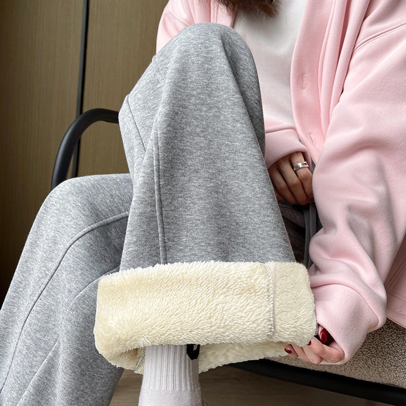 羊羔绒运动裤女秋冬季加厚保暖香蕉裤小个子窄版直筒阔腿加绒卫裤