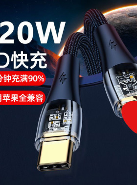 透明PD120W快充数据线适用苹果13/14/12/8/7/6s/xs手机充电线